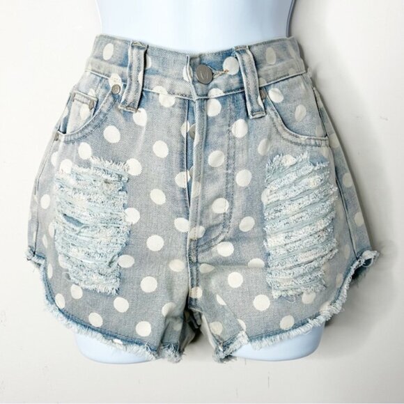 Revolve Mink pink Sugar Magnolia Jean Shorts Polka Dot Cut offs High Waist - Picture 2 of 16